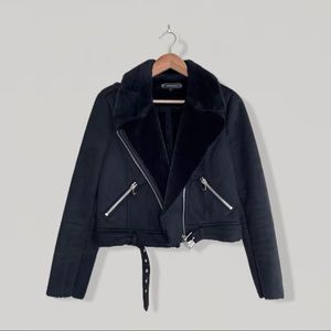 Zara Faux Shearling Biker Jacket Black